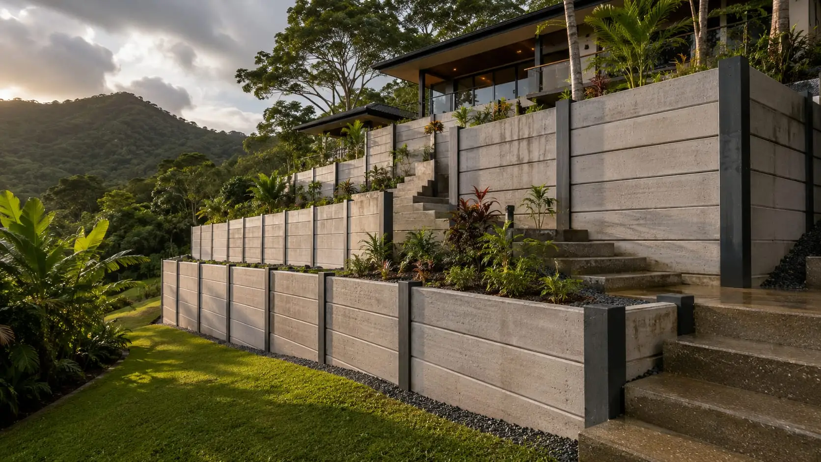 Tiered concrete sleeper retaining walls stepping a planted slope below a house, rainforest ranges behind