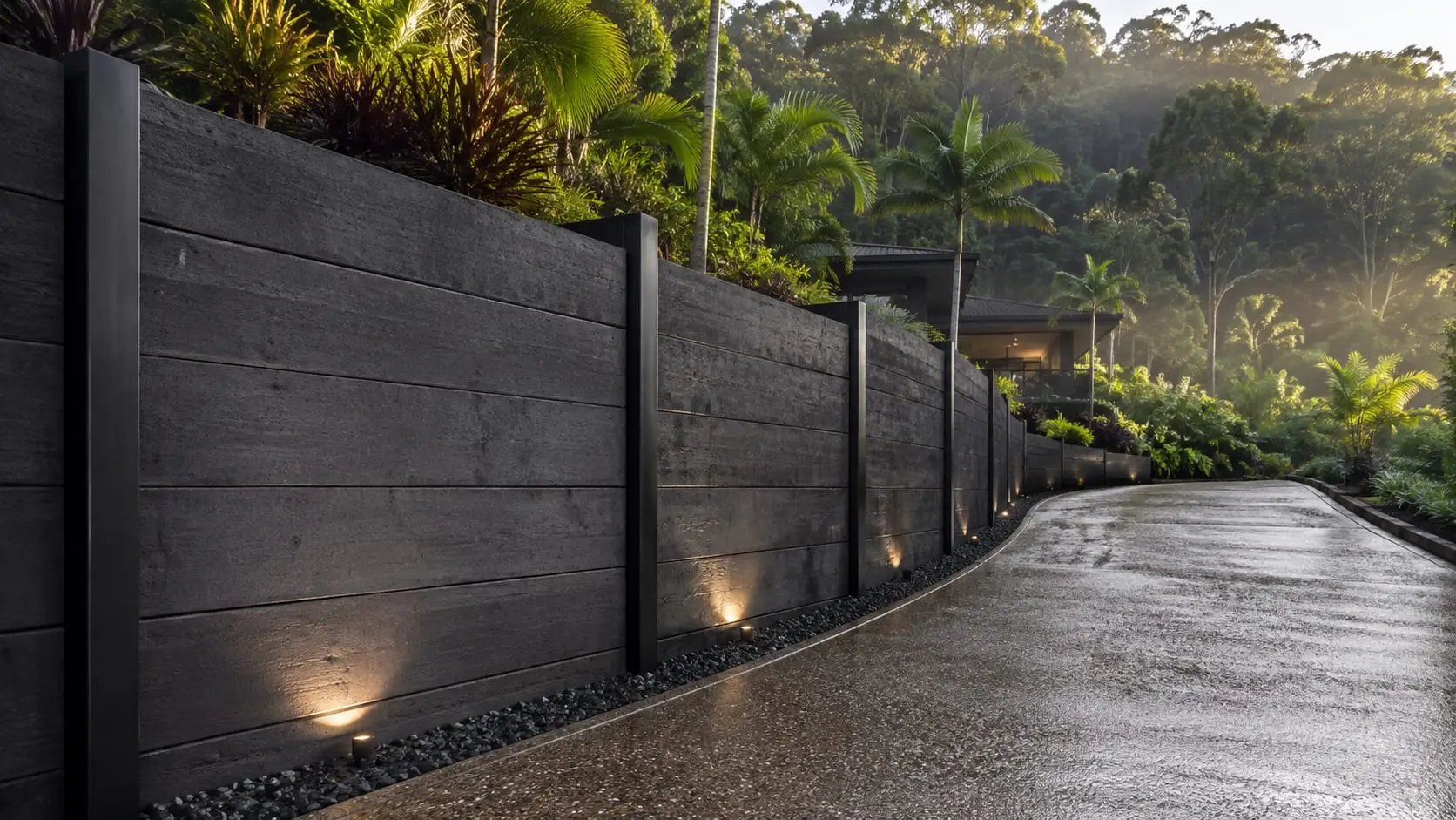 A charcoal sleeper retaining wall lit along a wet exposed aggregate driveway at dusk
