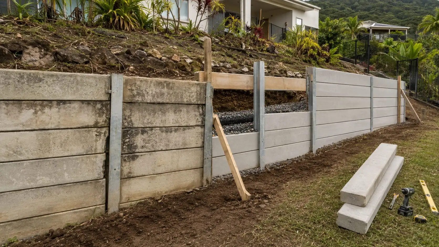 A failed stained sleeper wall part-replaced, the new panels and open drainage layer beside it