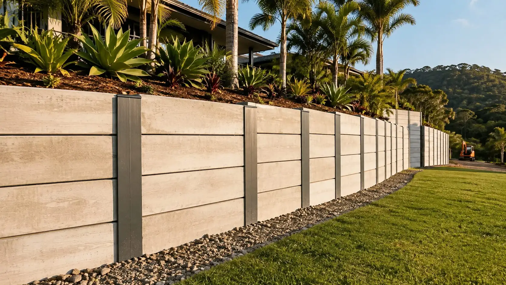 A long concrete sleeper retaining wall on galvanised posts, drainage gravel along its base