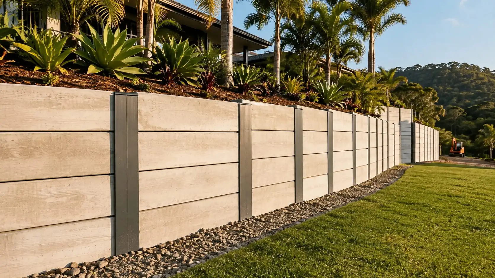A long concrete sleeper retaining wall on galvanised posts, drainage gravel along its base