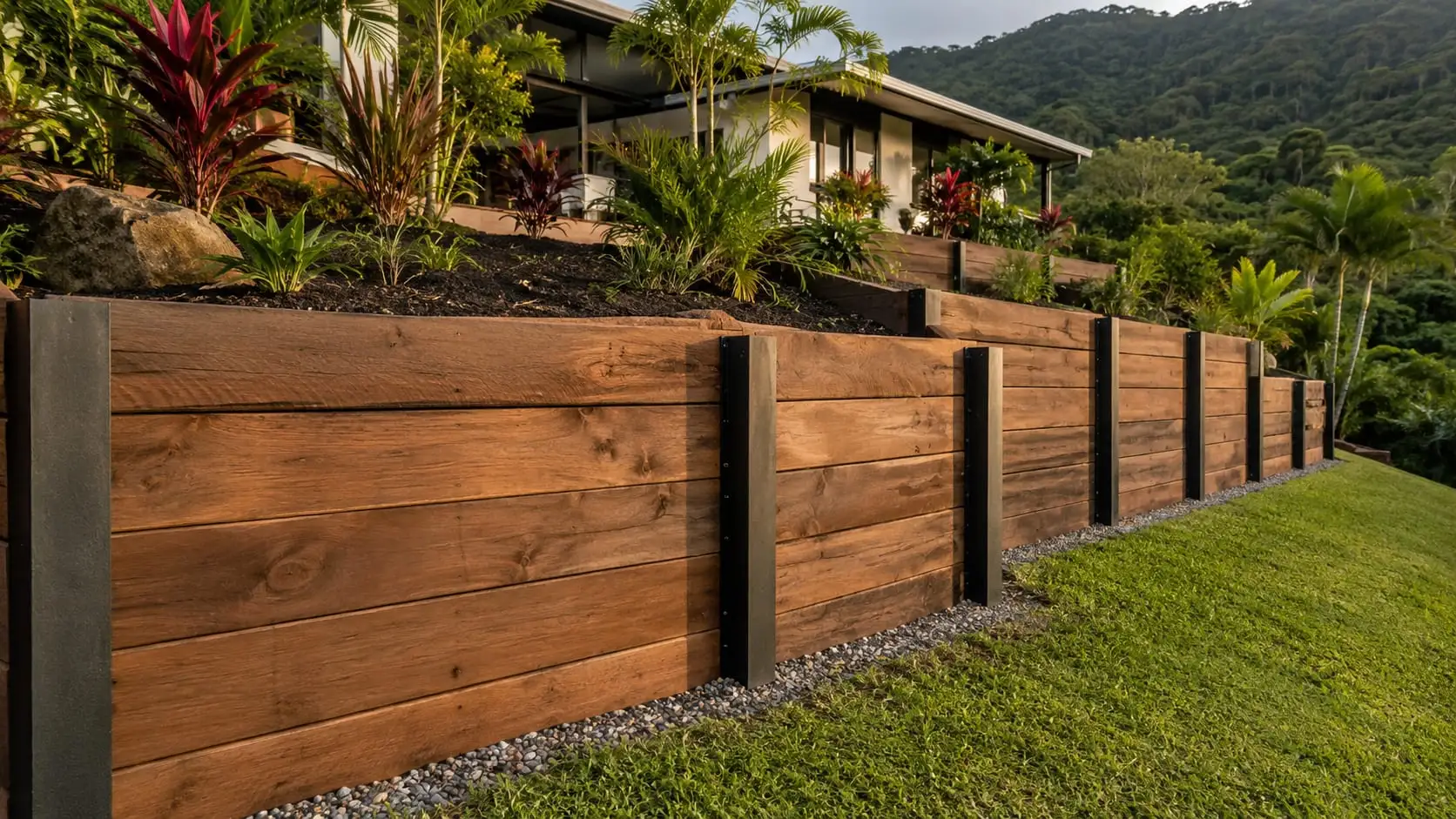 A timber sleeper retaining wall in steel posts holding a planted terrace above lawn